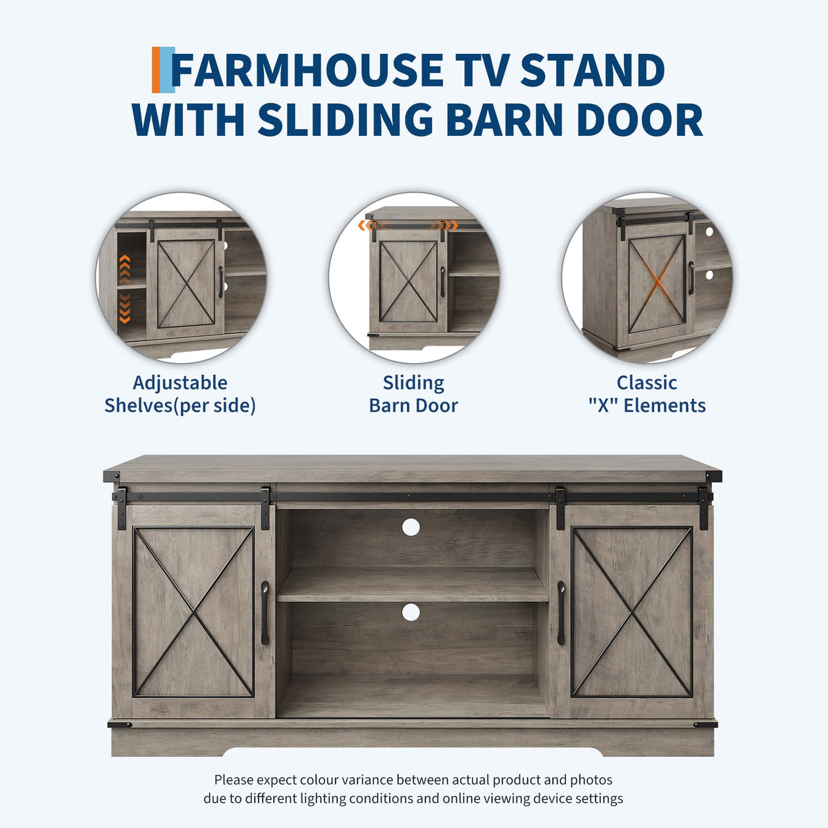 Farmhouse TV Stand with Sliding Barn Doors and Storage Cabinets X17300