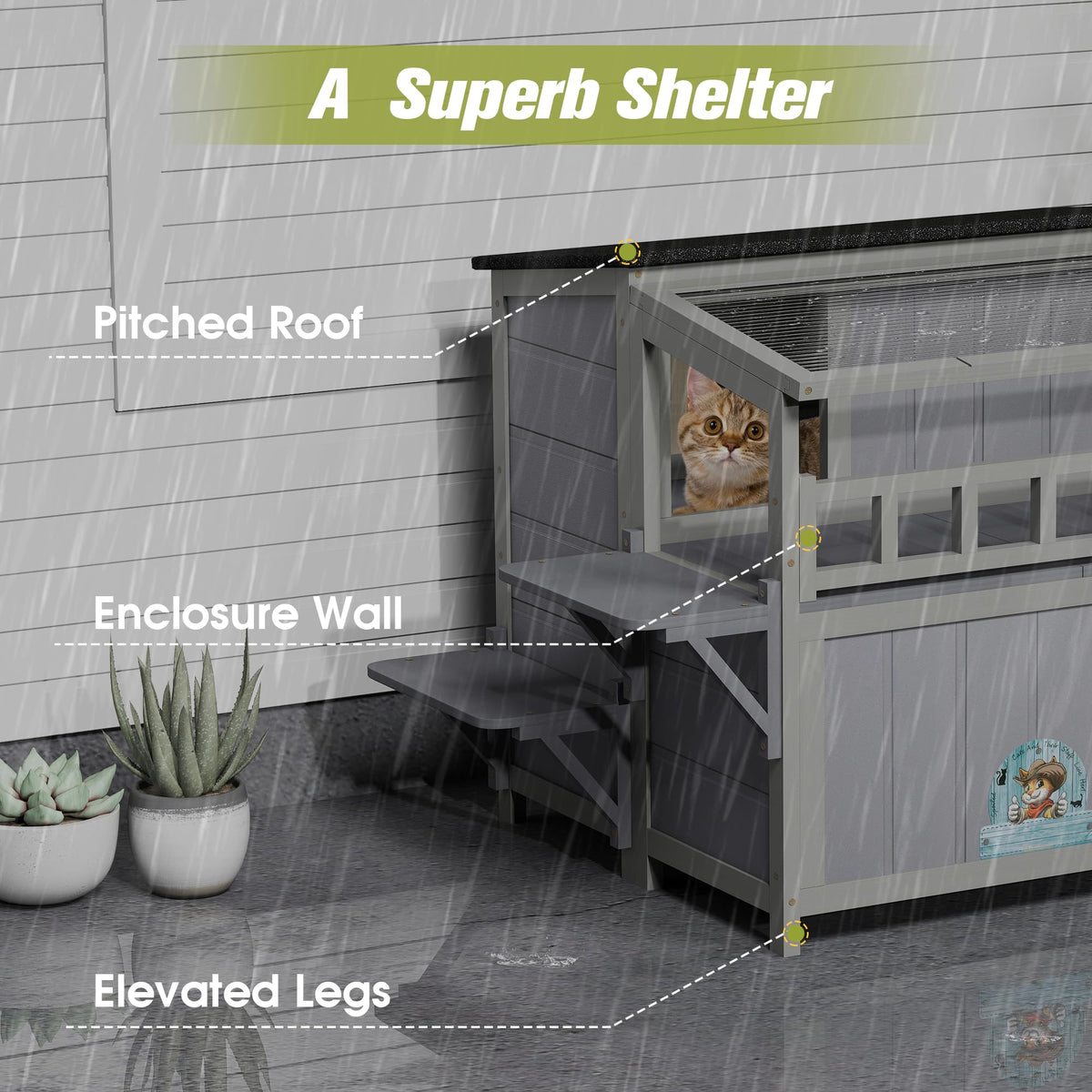 2-Tier Weatherproof Wooden Outdoor Cat House S975