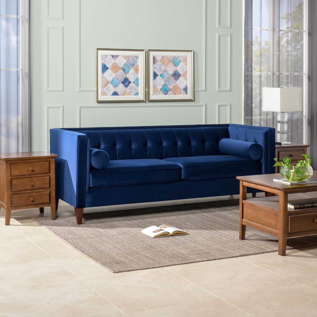84" Navy Blue Tufted Velvet Sofa B5451