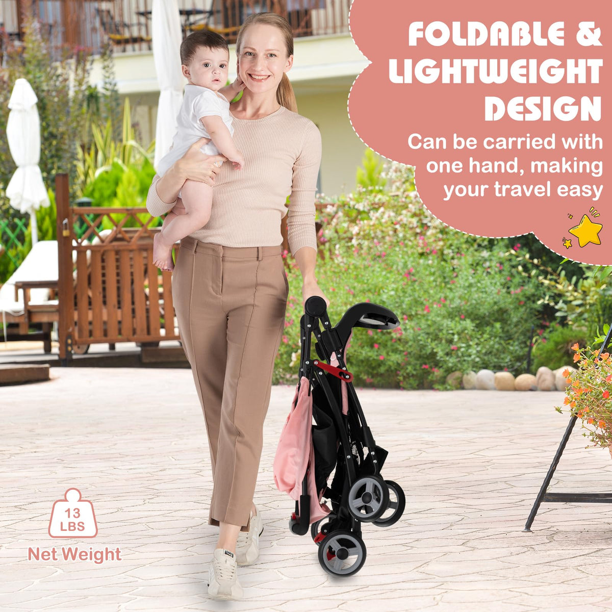 Lightweight Compact Fold Stroller with Canopy & Storage Basket, Pink W45946