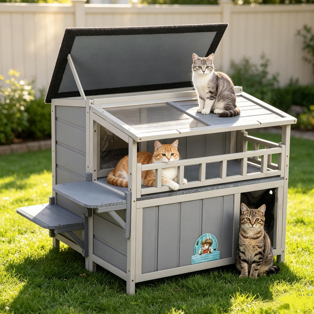 2-Tier Weatherproof Wooden Outdoor Cat House S975