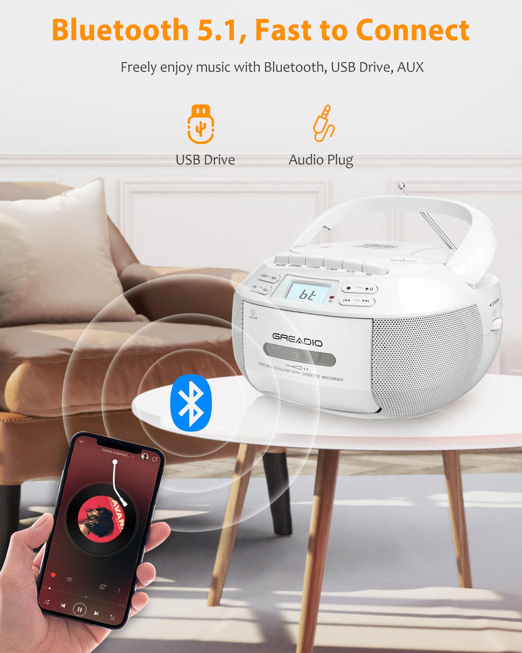 CD Player Boombox Cassette Player Combo with Bluetooth, AM/FM Radio F652065
