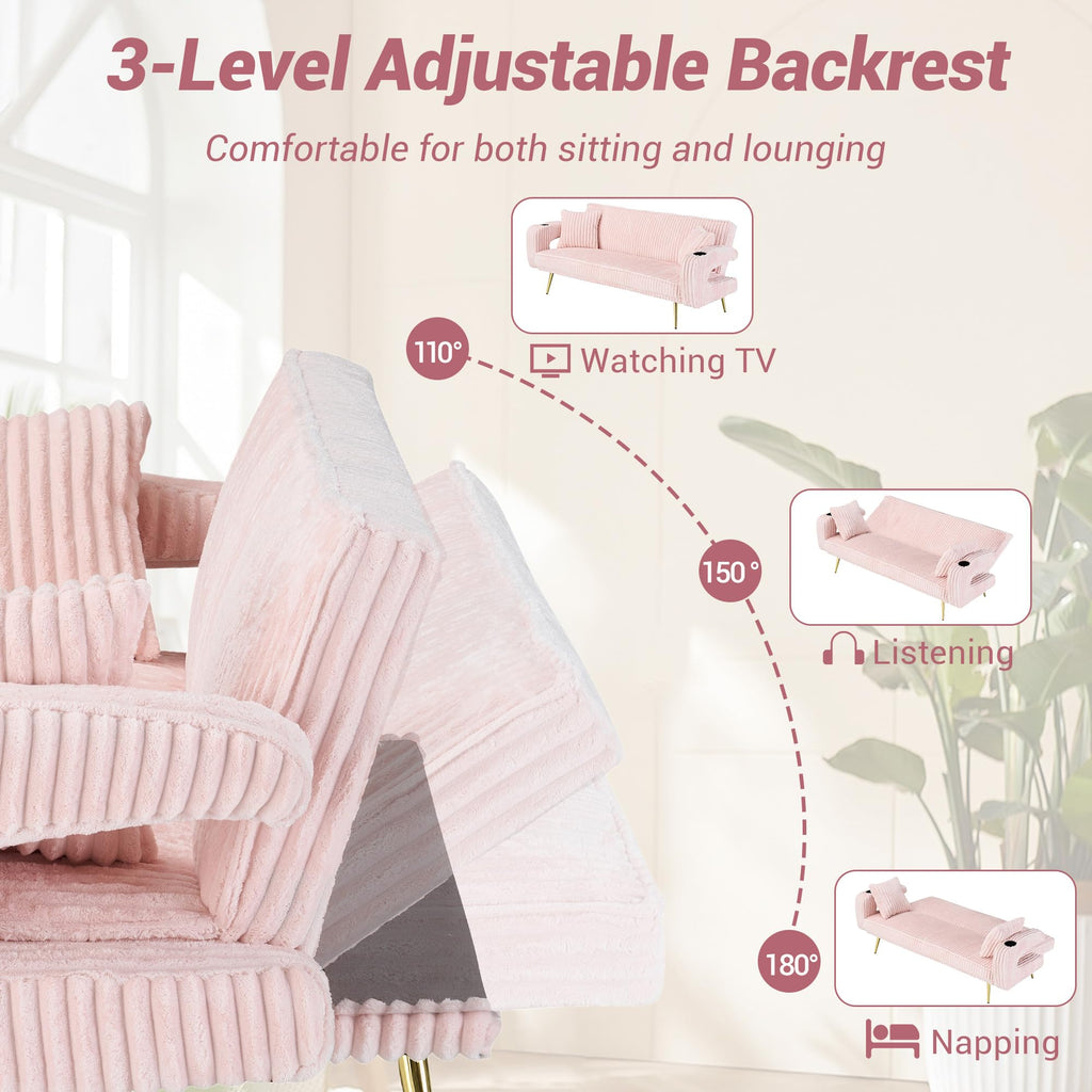 74" Pink Corduroy Convertible Sofa Bed with Cup Holder W29280