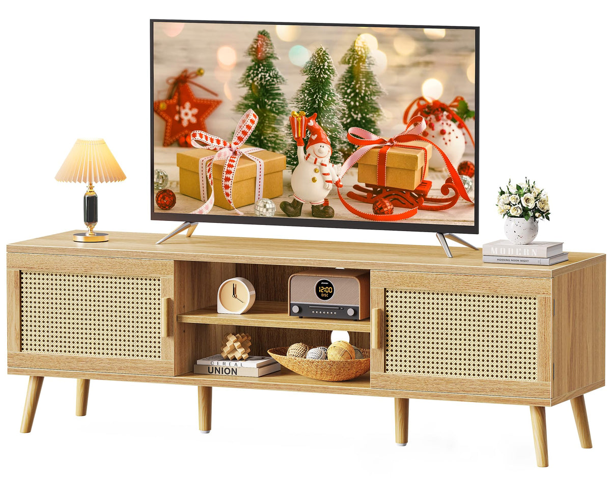 65 Inch Rattan TV Stand with Adjustable Shelf and 2 Cabinets P769