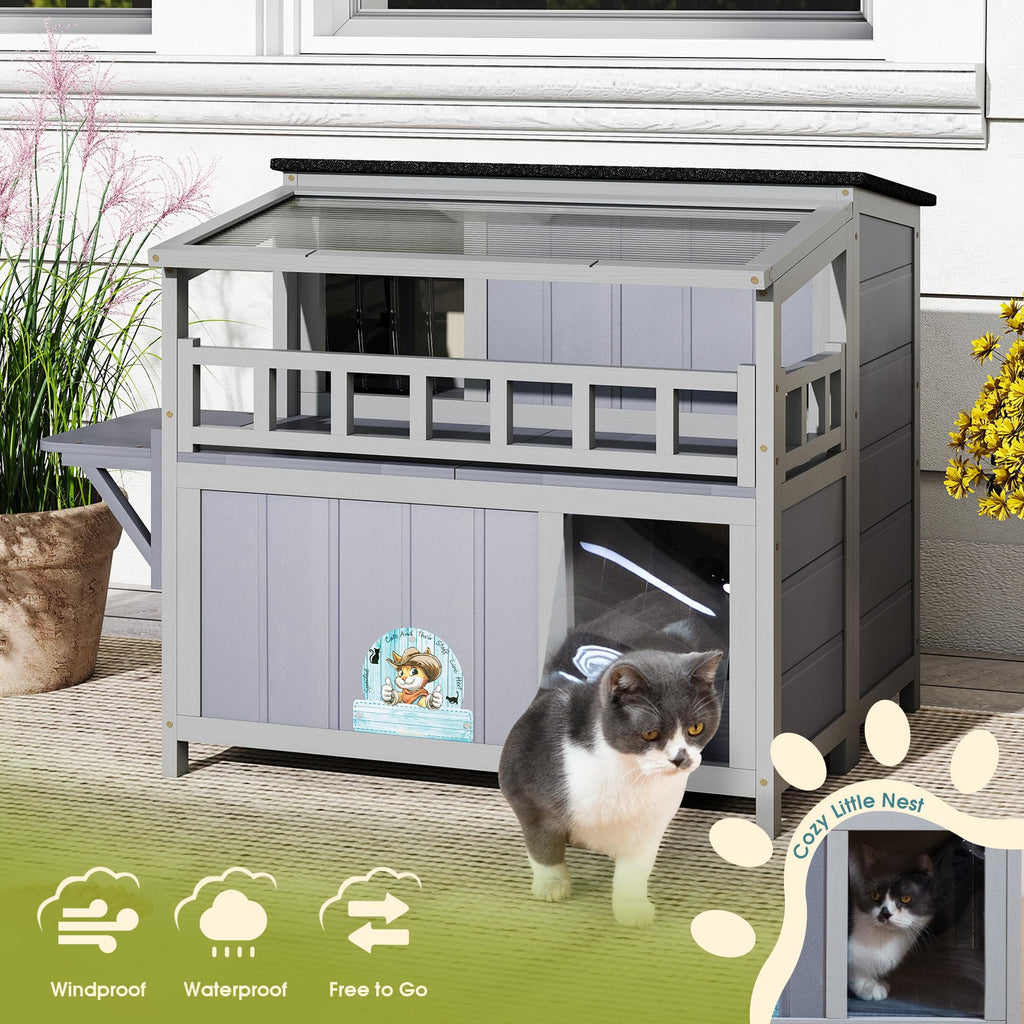 2-Tier Weatherproof Wooden Outdoor Cat House S975