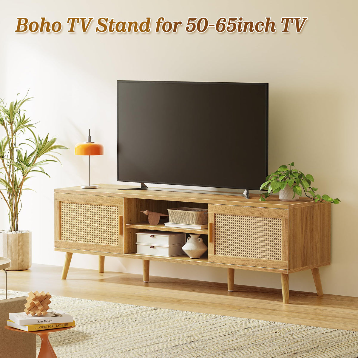 65 Inch Rattan TV Stand with Adjustable Shelf and 2 Cabinets P769