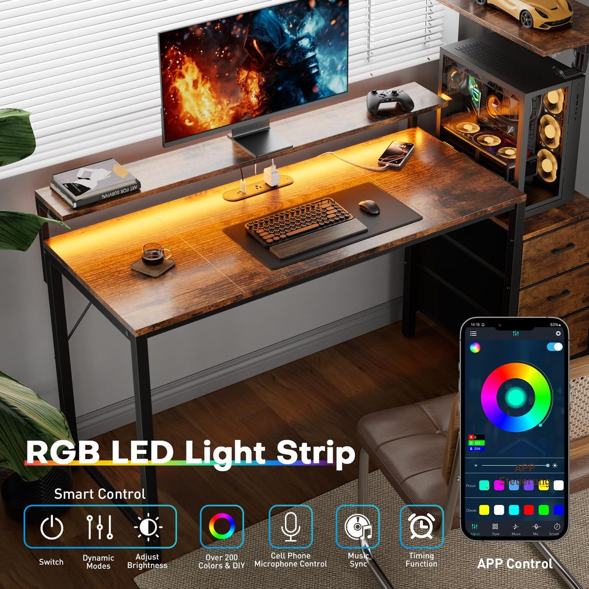 44 Inch Gaming Desk with Power Outlets & LED Lights N794166
