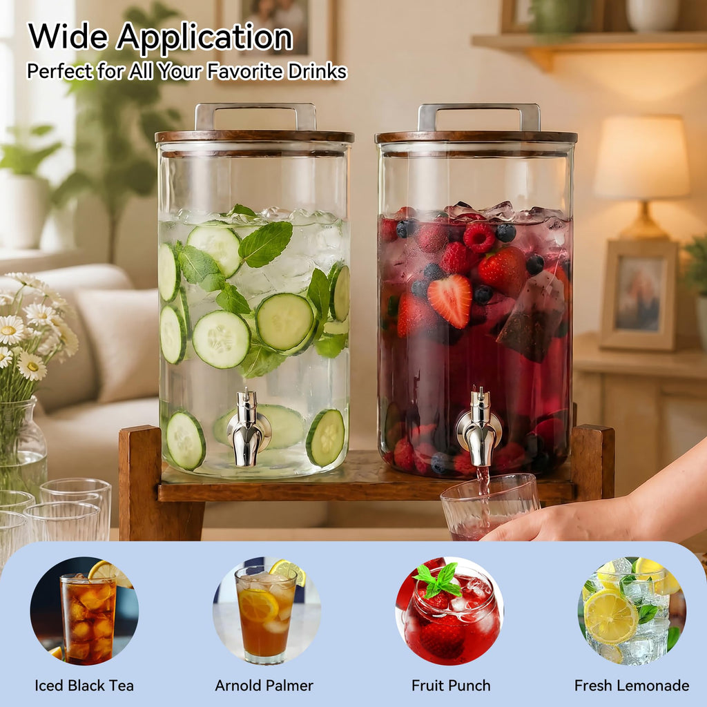 2 Pack 1 Gallon Glass Drink Dispensers with Acacia Wood Stand K797187