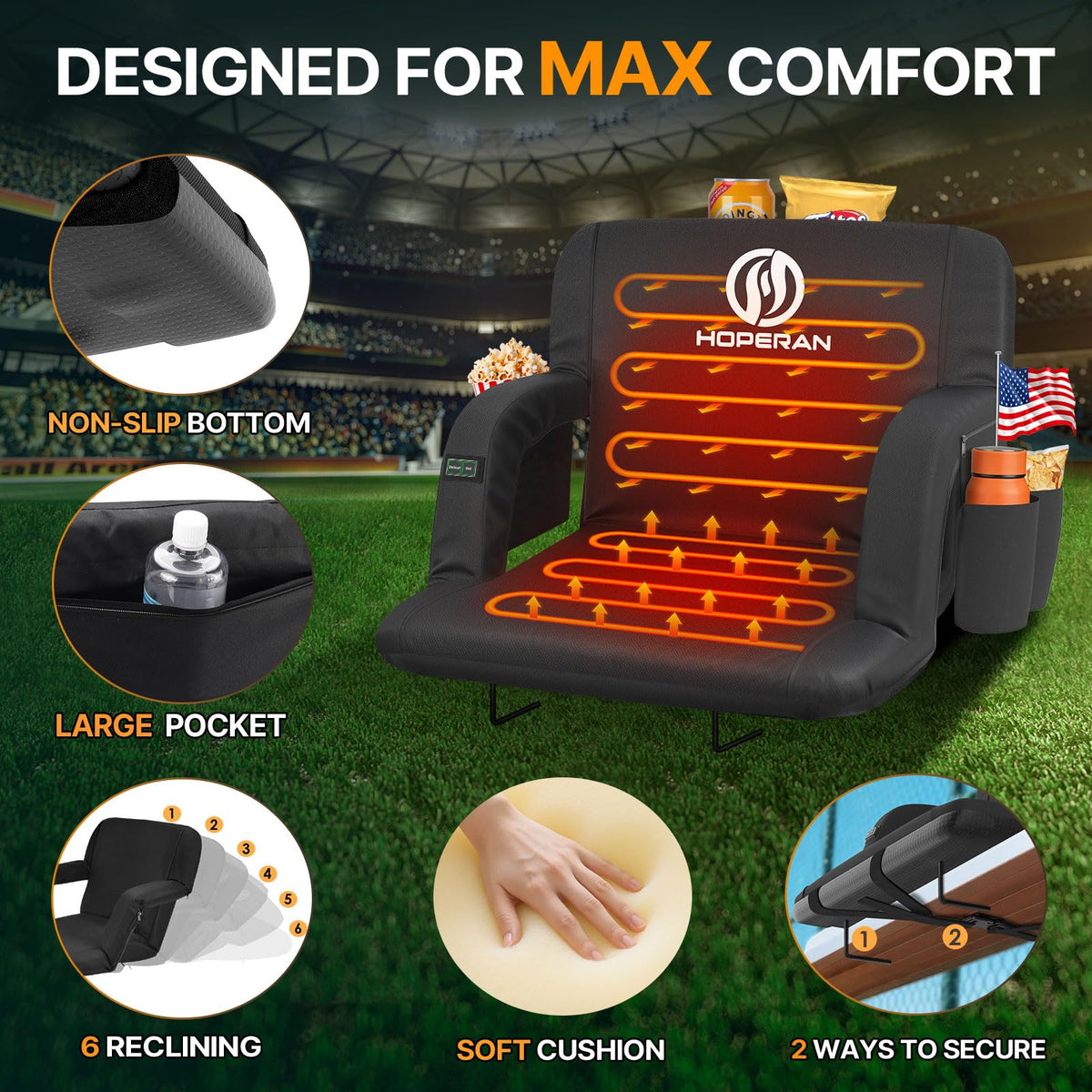 Black Heated Stadium Seats for Bleachers, 2 PCS Q994569