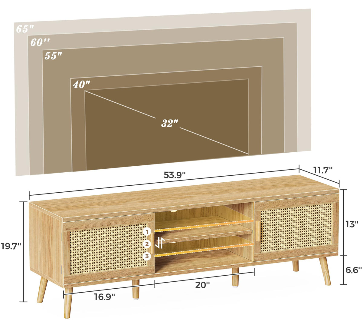 65 Inch Rattan TV Stand with Adjustable Shelf and 2 Cabinets P769