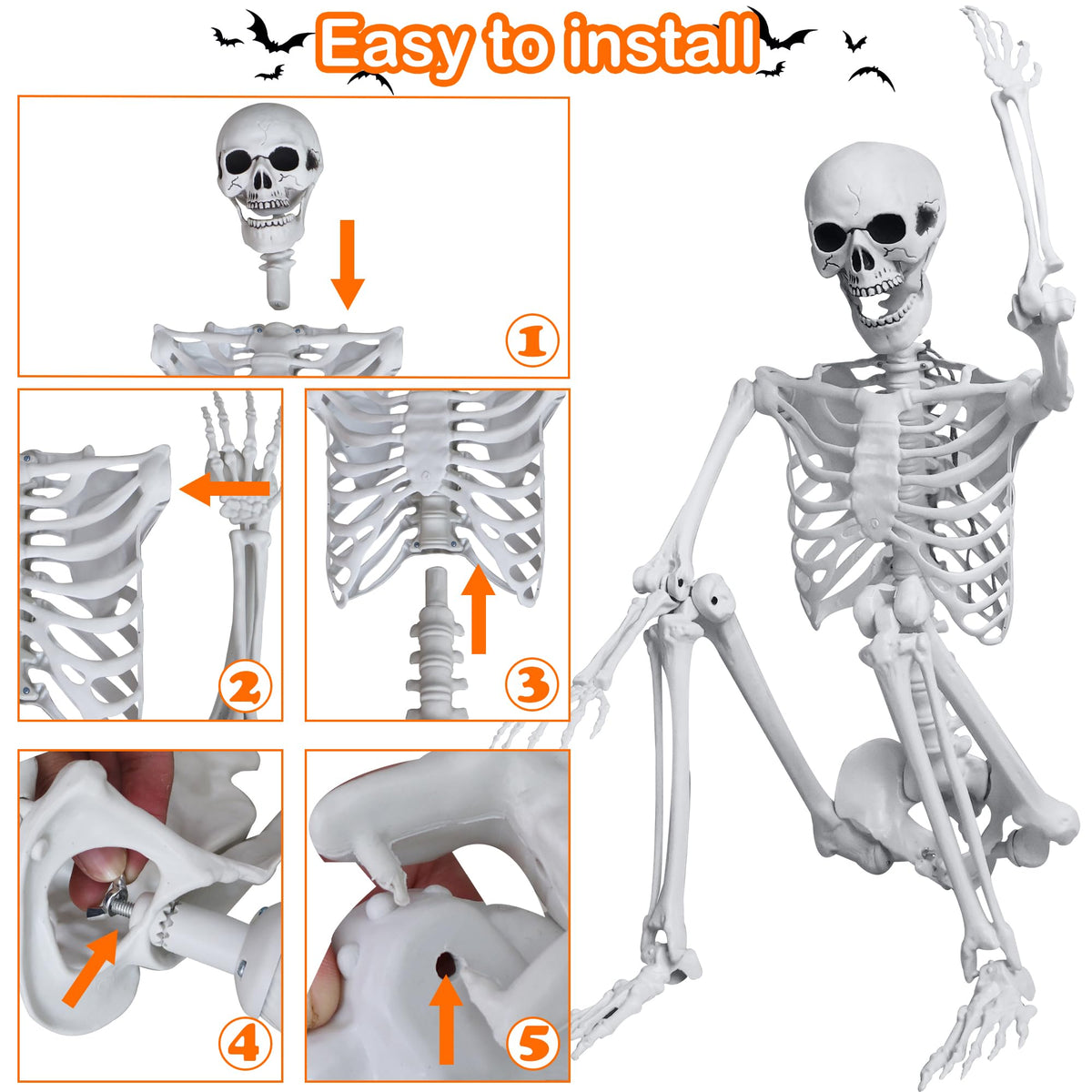 5.4ft/165cm Halloween Skeleton with Crows Movable Joints G53305