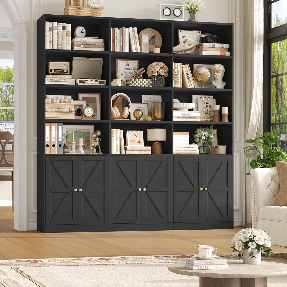 75" Tall Black Bookshelf with 6 Doors A812088