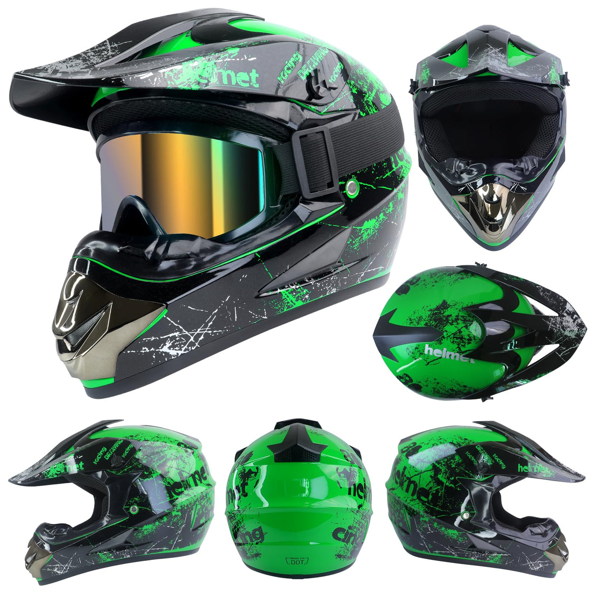 Youth Kids Full Face Dirt Bike Helmet 4Pcs Set DOT Approved Green XL F3792