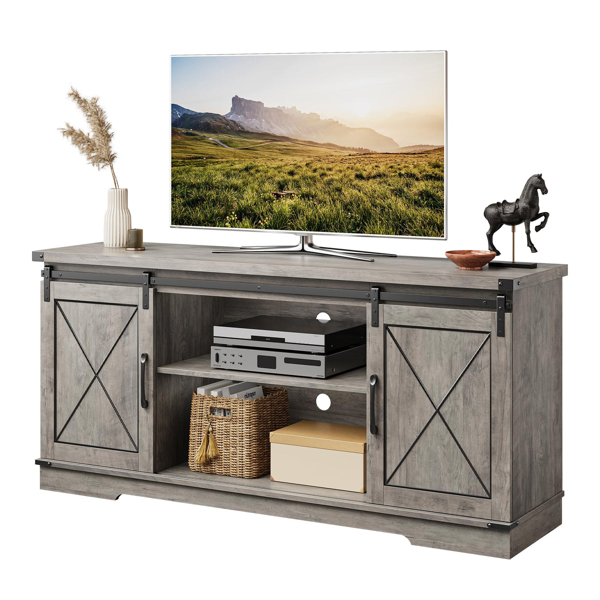 Farmhouse TV Stand with Sliding Barn Doors and Storage Cabinets X17300