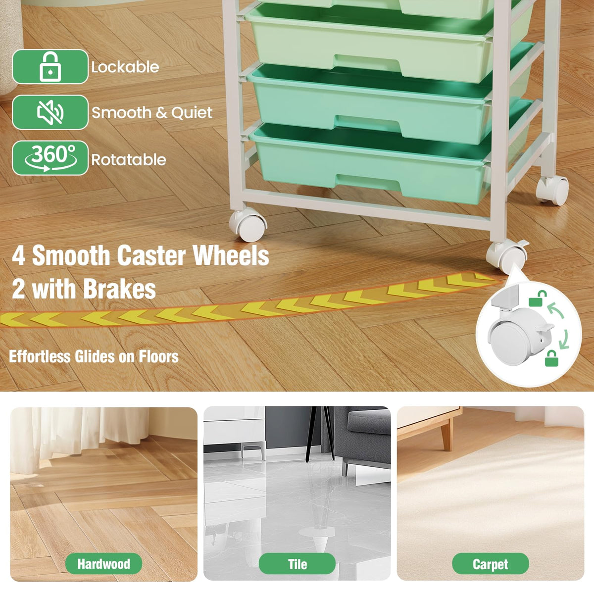 Rolling Storage Cart with 8 Drawers & Wooden Tabletop, Green, White Q4990