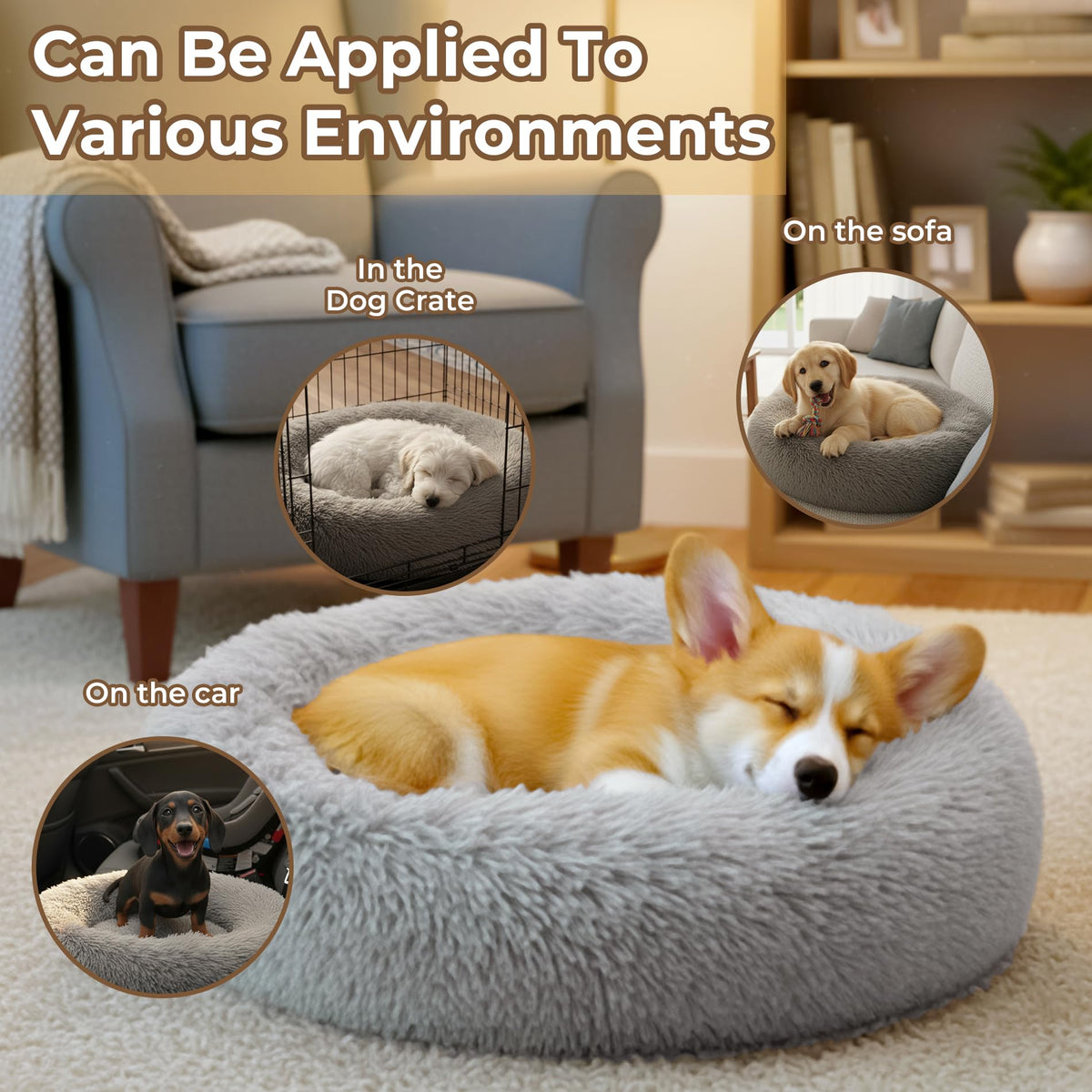 Round Fluffy Washable Anti-Anxiety Dog and Cat Bed V95961