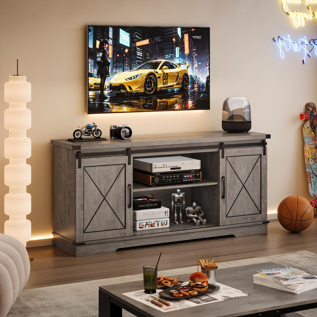 Farmhouse TV Stand with Sliding Barn Doors and Storage Cabinets X17300