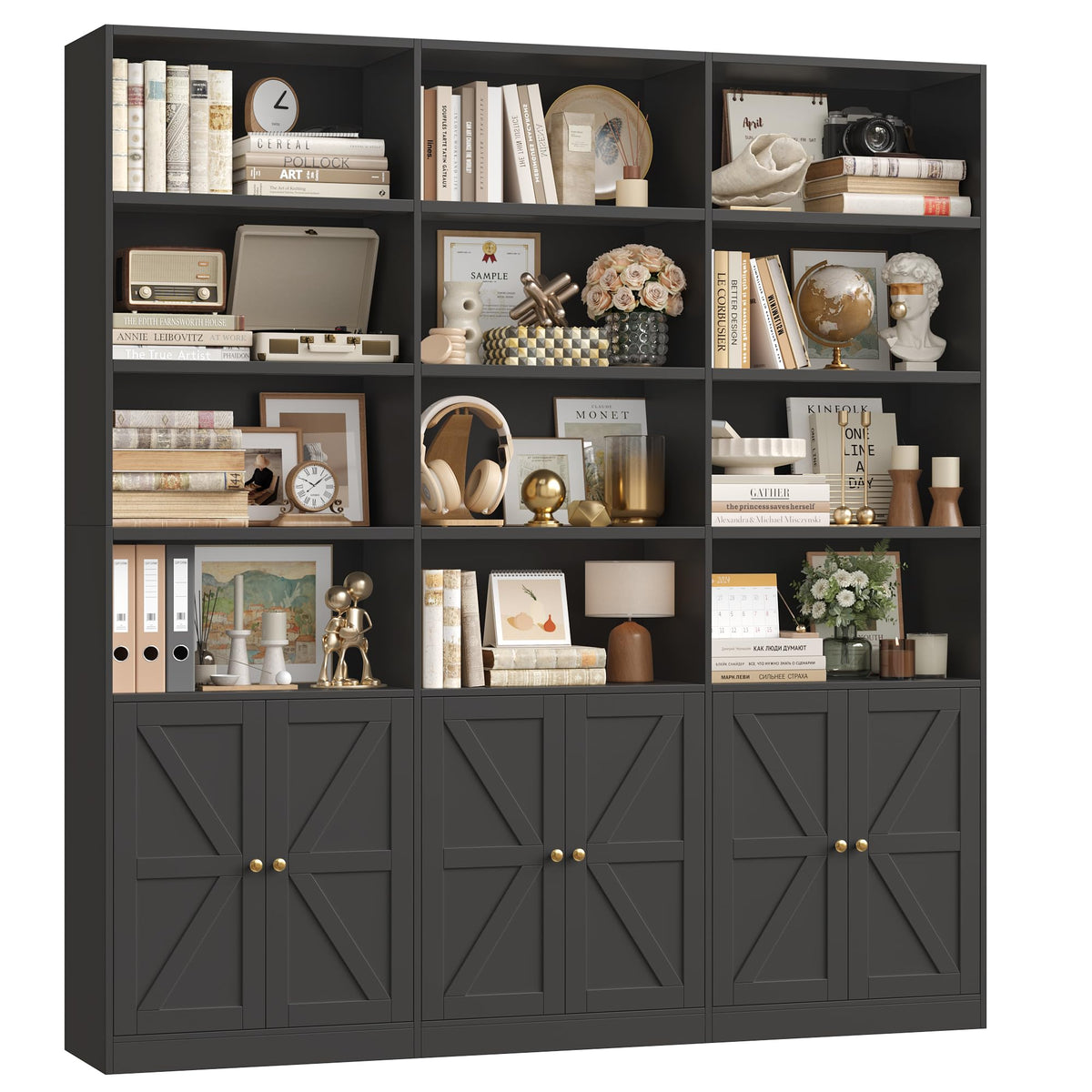75" Tall Black Bookshelf with 6 Doors A812088