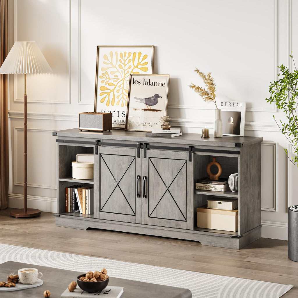 Farmhouse TV Stand with Sliding Barn Doors and Storage Cabinets X17300