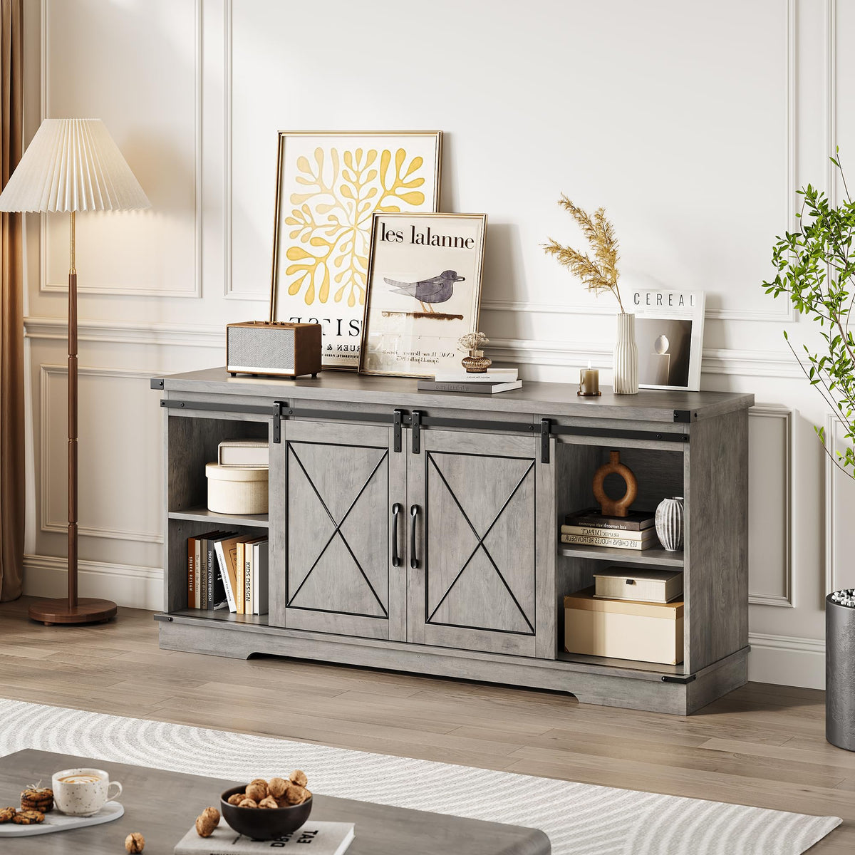 Farmhouse TV Stand with Sliding Barn Doors and Storage Cabinets X17300