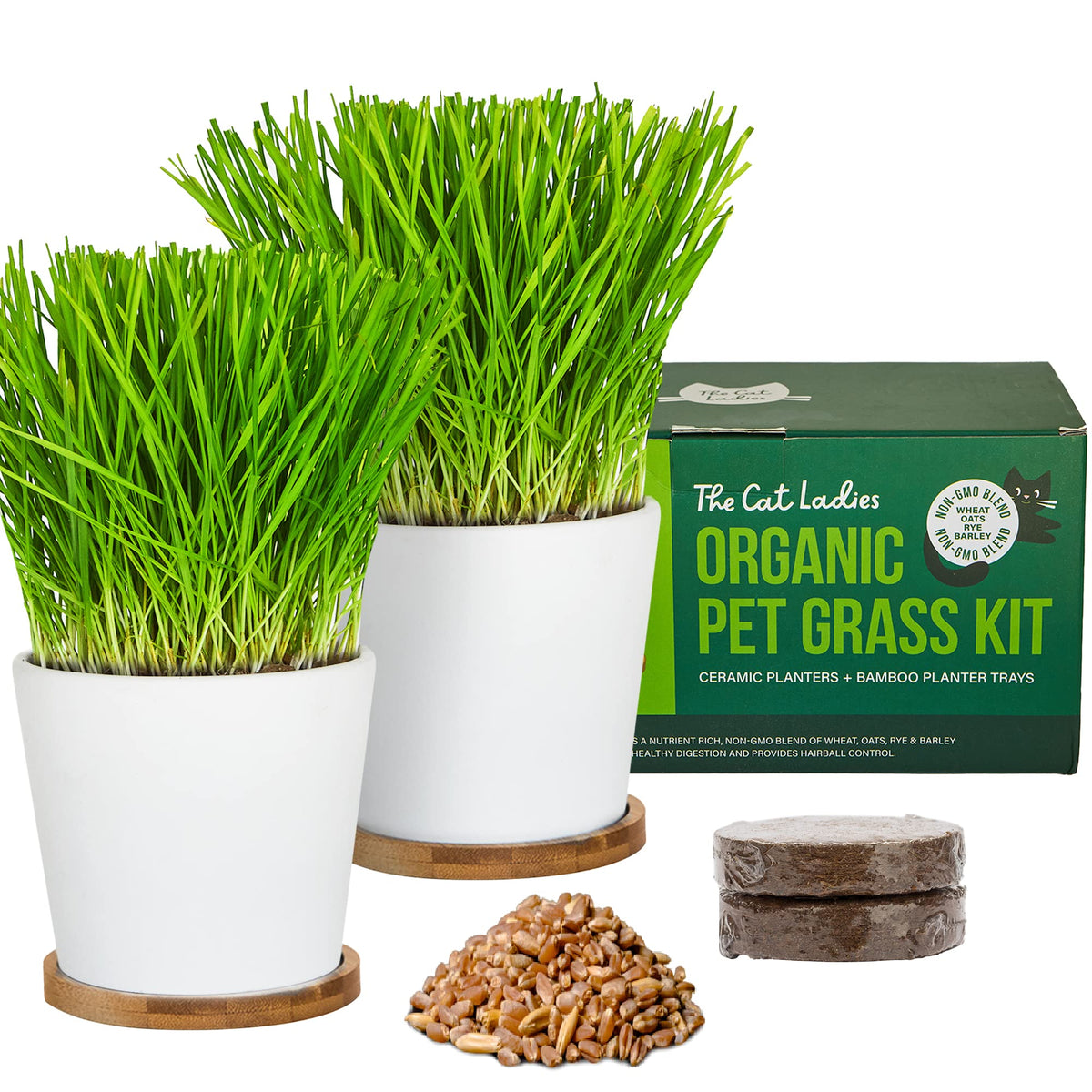 Organic Cat Grass Growing Kit with Seed, Soil and Two Ceramic Planters U28062