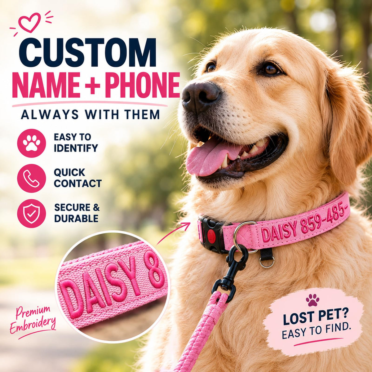 Custom Embroidered Dog Collar with Name and Number H601