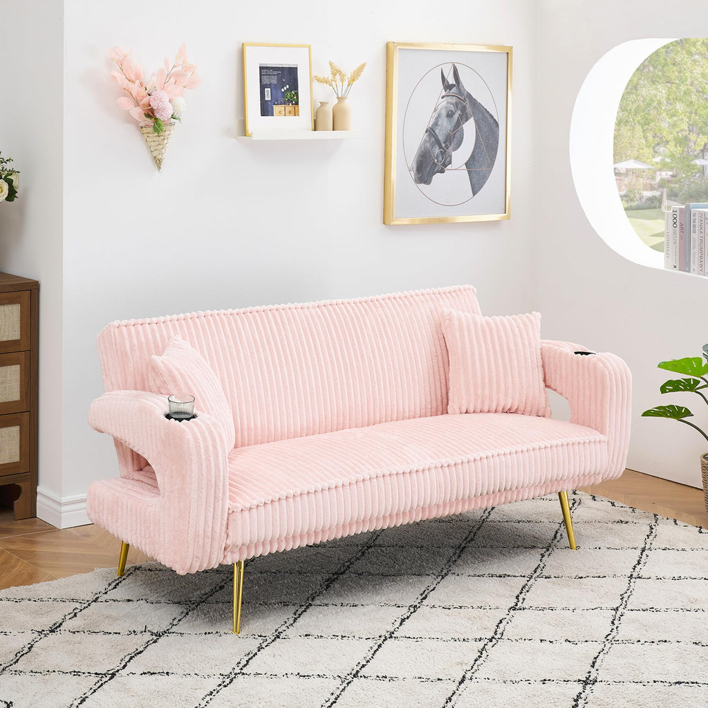 74" Pink Corduroy Convertible Sofa Bed with Cup Holder W29280