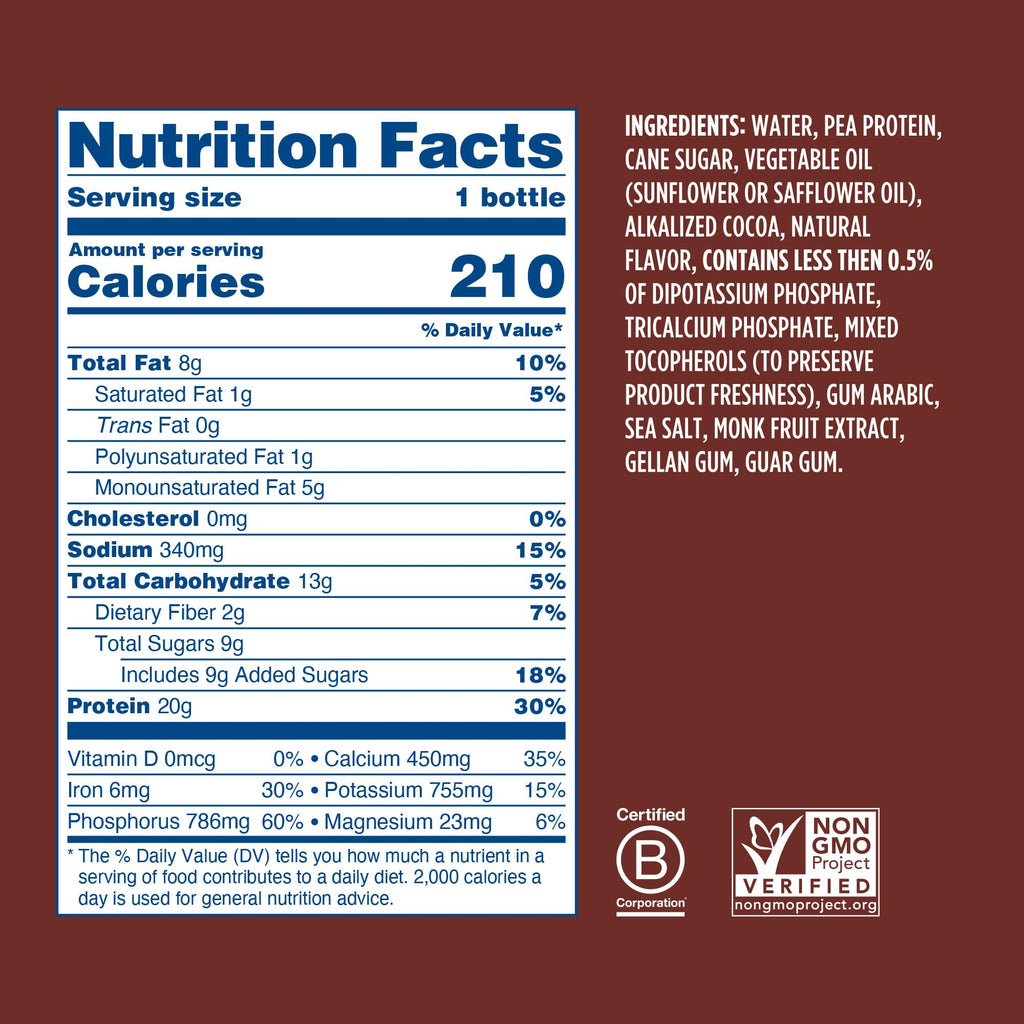 Chocolate Plant Based Protein Shake 20g Pea Protein Vegan Non GMO 12 Fl Oz Bottles Pack of 12 L319