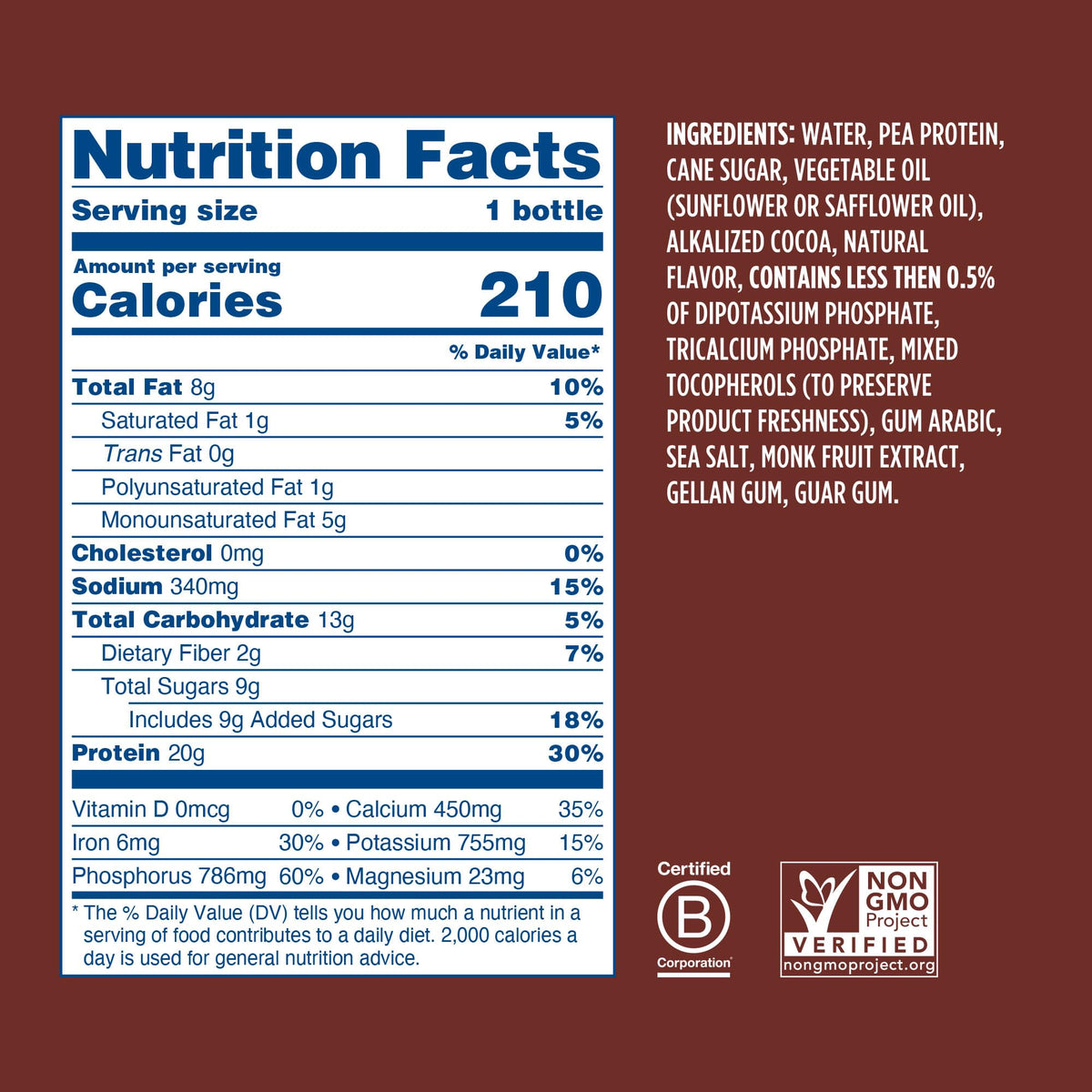Chocolate Plant Based Protein Shake 20g Pea Protein Vegan Non GMO 12 Fl Oz Bottles Pack of 12 L319