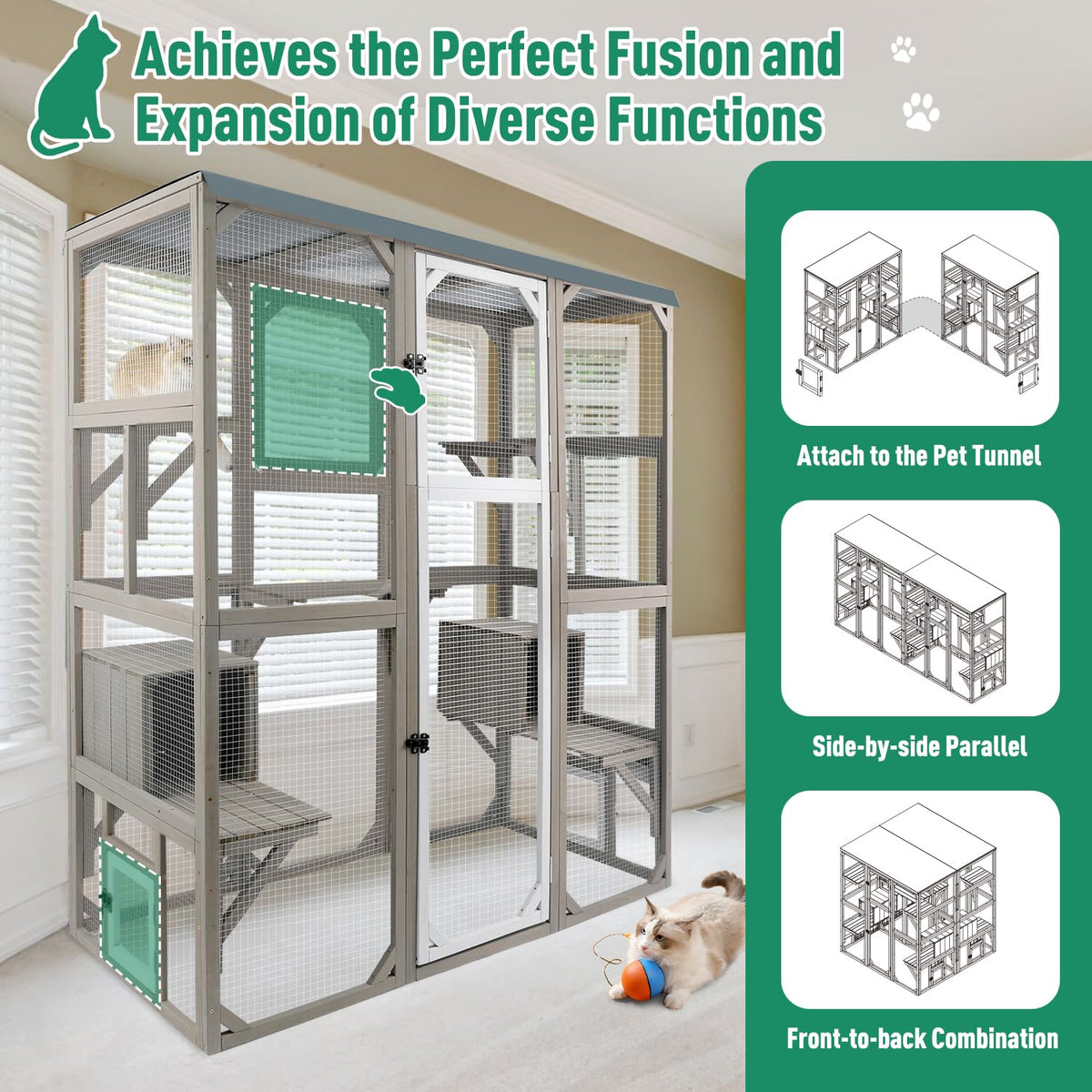 Large Wooden Outdoor Cat Catio Enclosure with 2 Doors, 2 Resting Rooms, 5 Platforms J8282