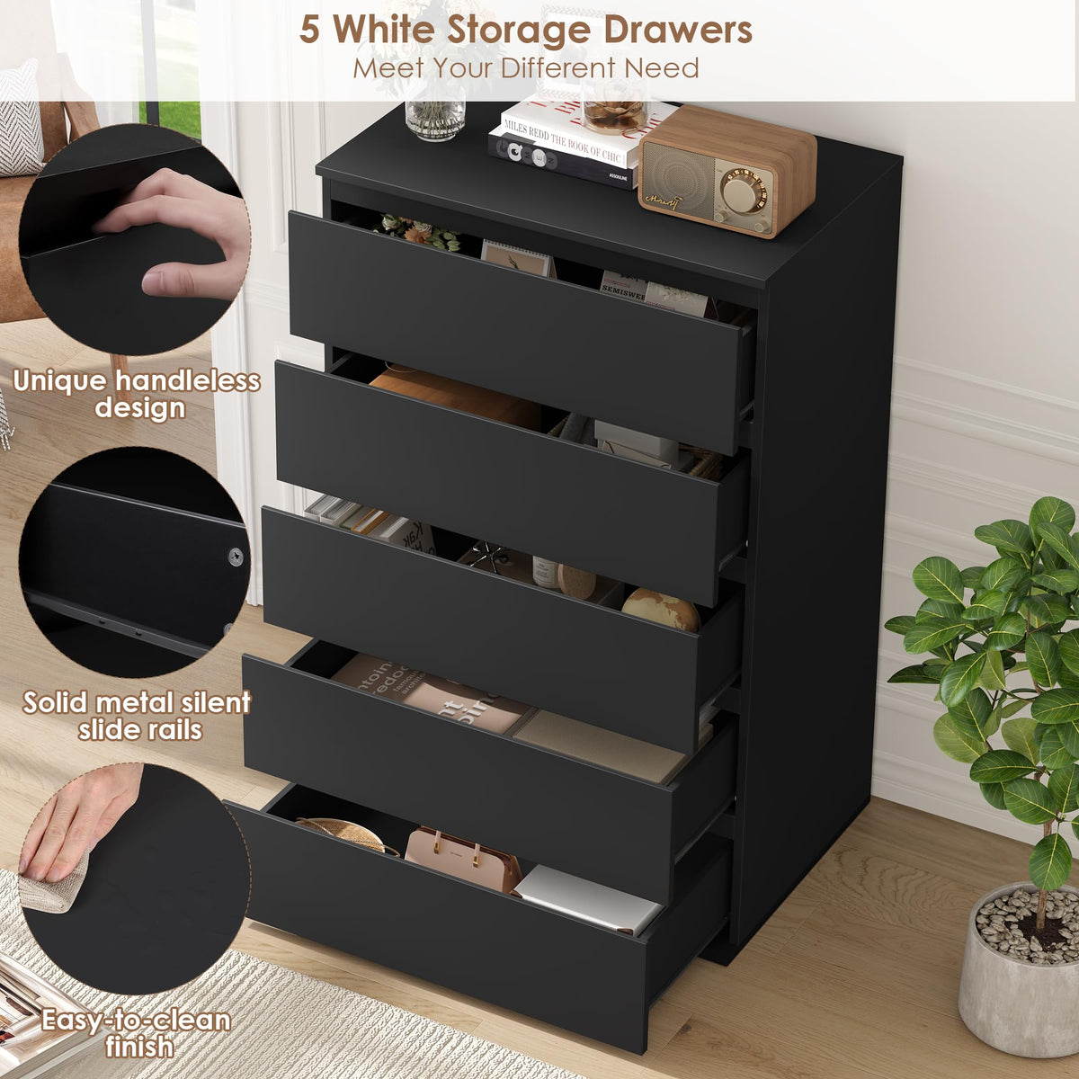 Black 5 Drawer Dresser W3480