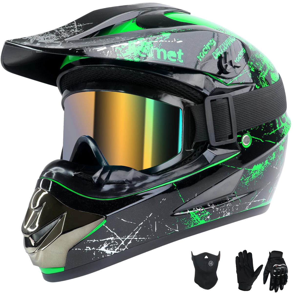 Youth Kids Full Face Dirt Bike Helmet 4Pcs Set DOT Approved Green XL F3792