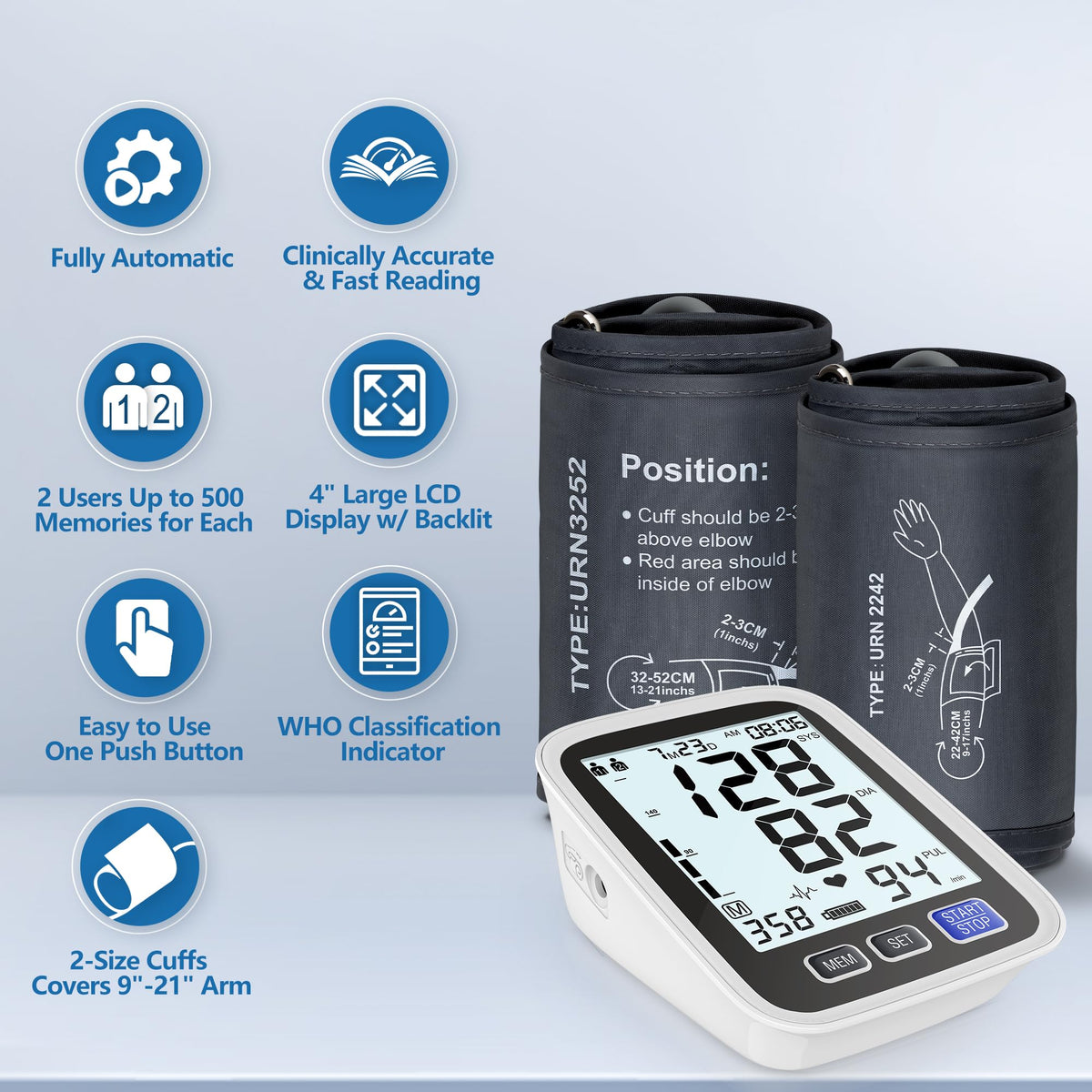 Upper Arm Blood Pressure Machine with 2 Size Cuffs and Backlit LCD V306760