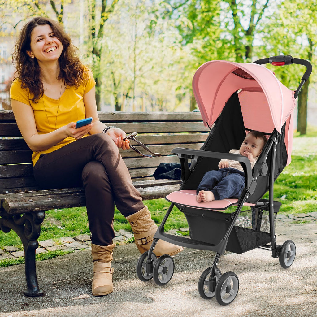 Lightweight Compact Fold Stroller with Canopy & Storage Basket, Pink W45946