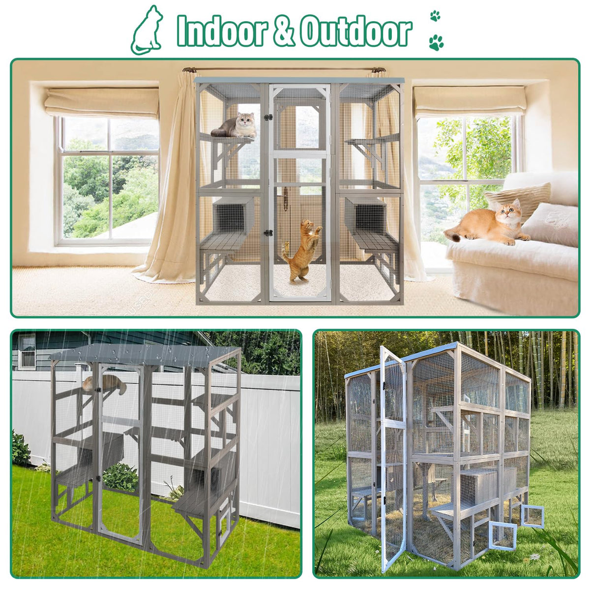 Large Wooden Outdoor Cat Catio Enclosure with 2 Doors, 2 Resting Rooms, 5 Platforms J8282