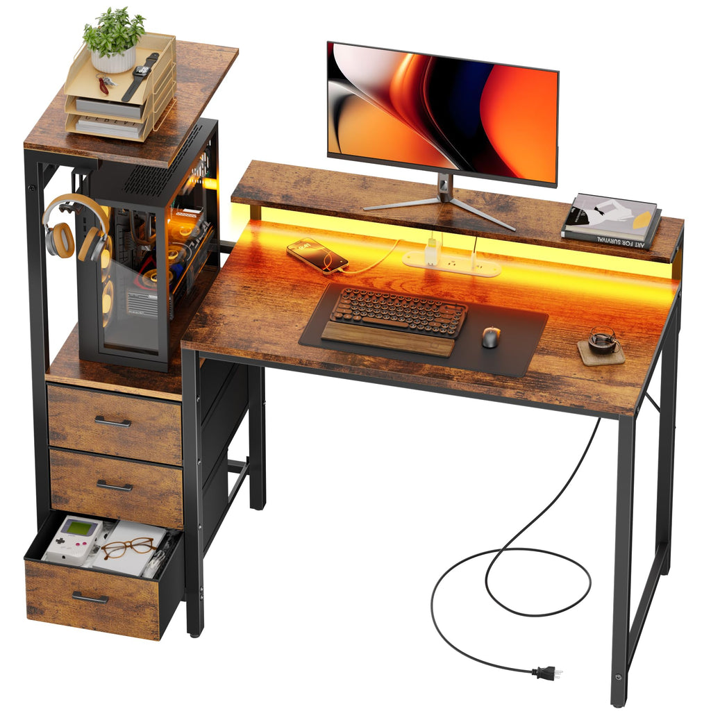 44 Inch Gaming Desk with Power Outlets & LED Lights N794166