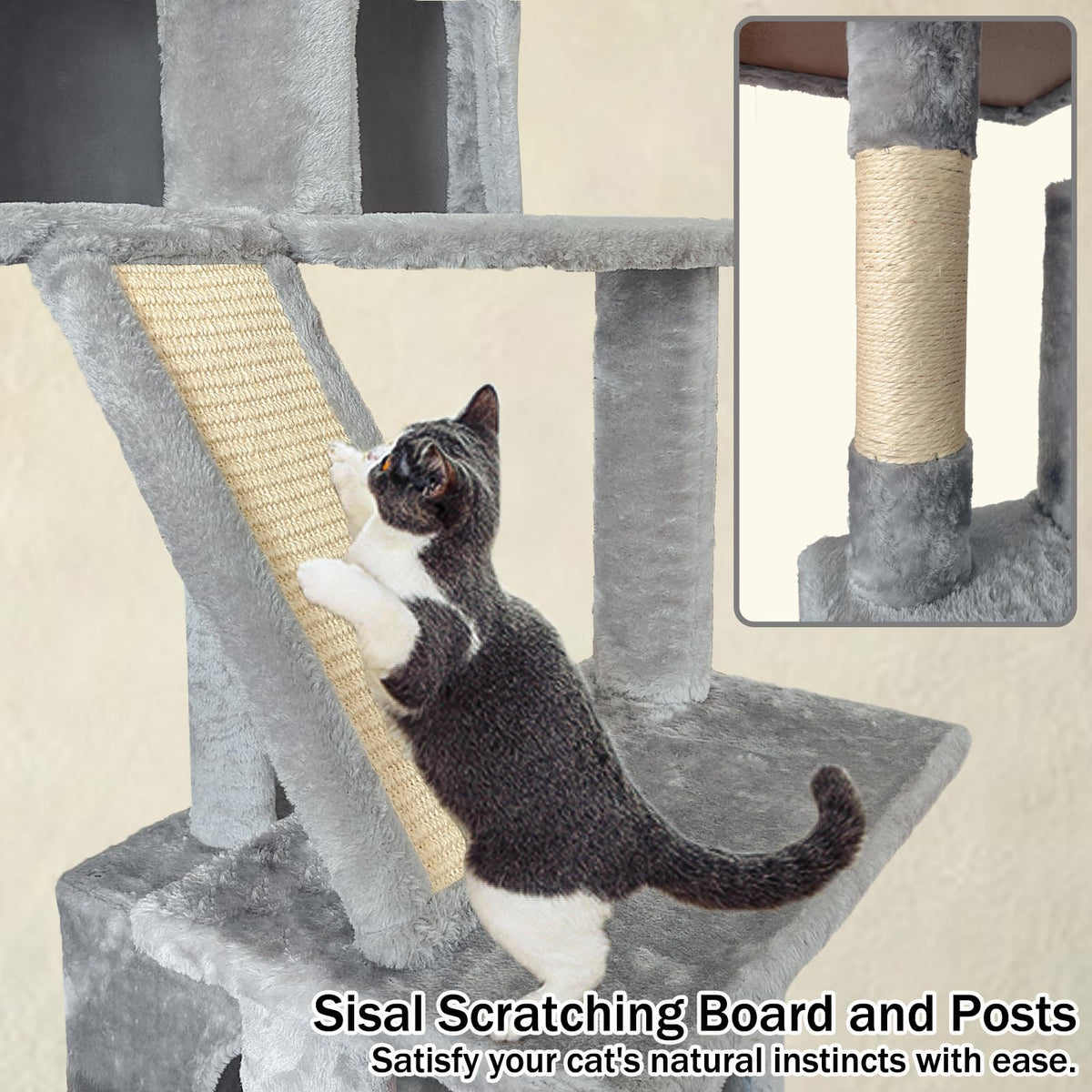 70" Light Gray Cat Tree Tower with Sisal Scratching Post Z184