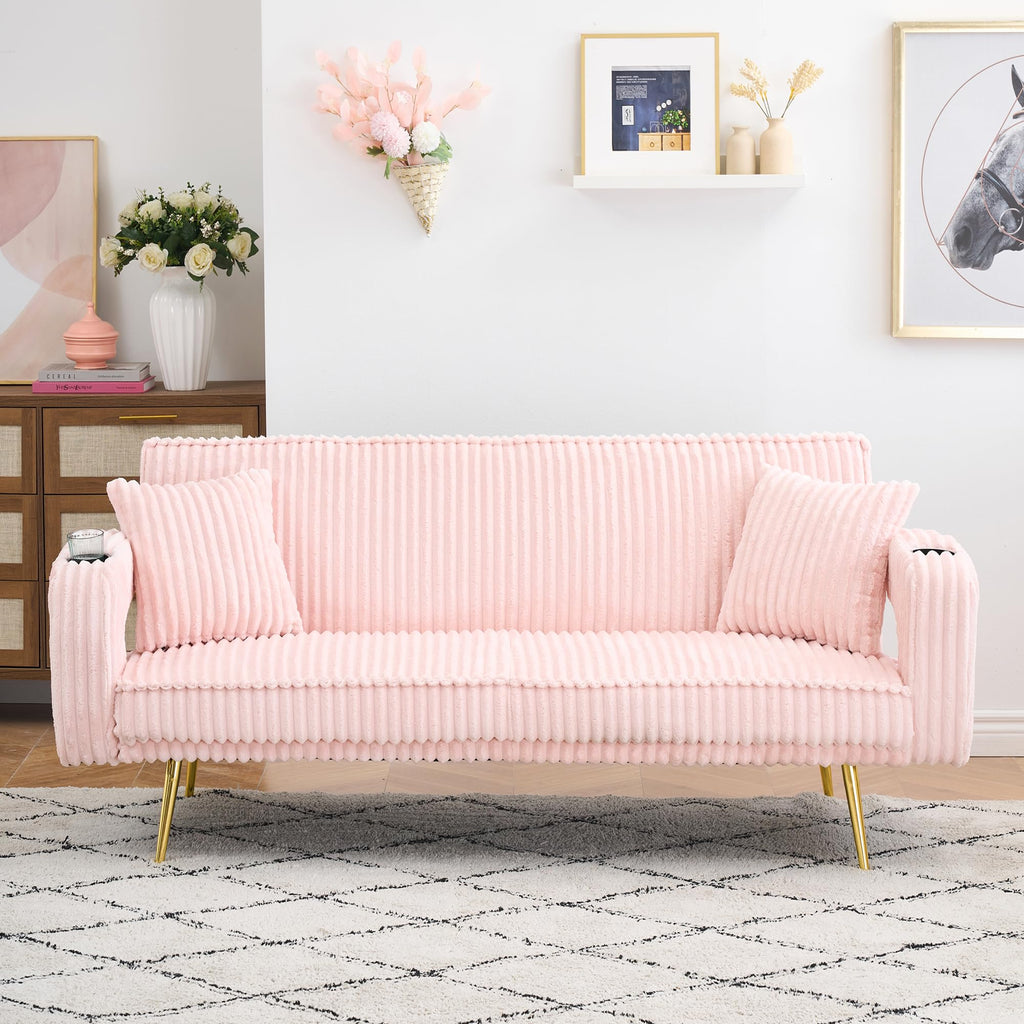 74" Pink Corduroy Convertible Sofa Bed with Cup Holder W29280
