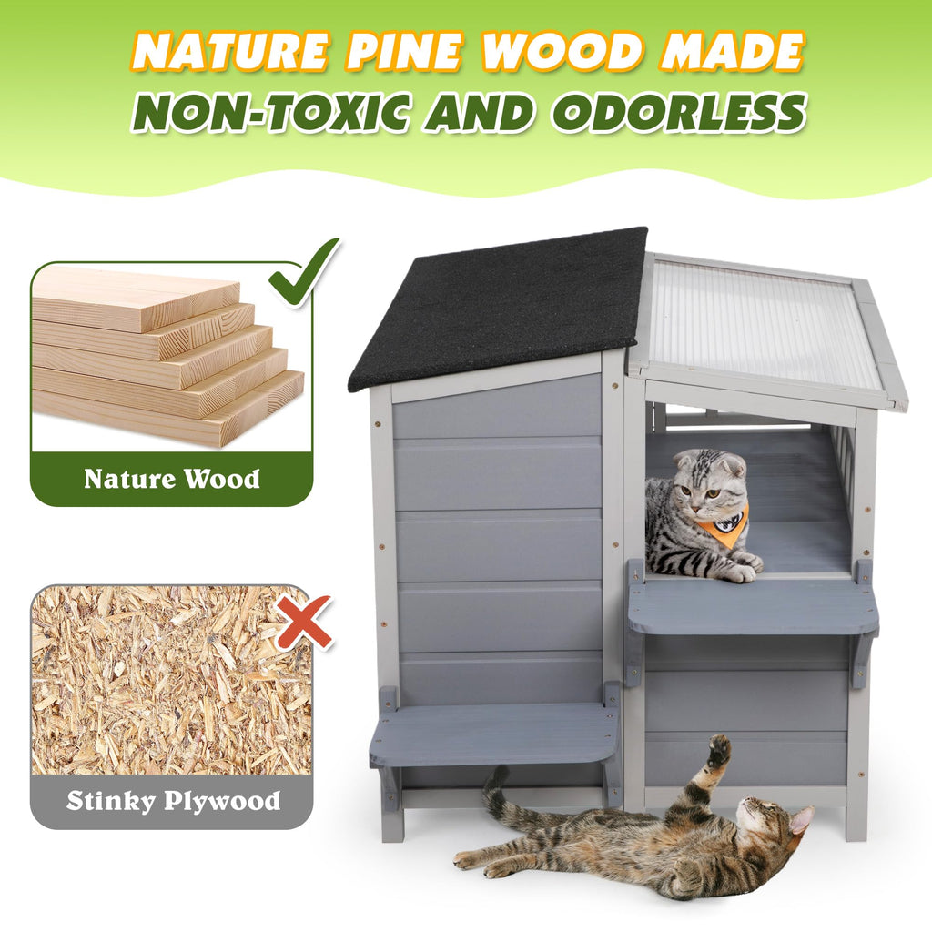 2-Tier Weatherproof Wooden Outdoor Cat House S975