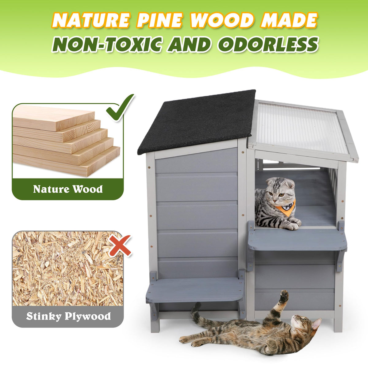 2-Tier Weatherproof Wooden Outdoor Cat House S975