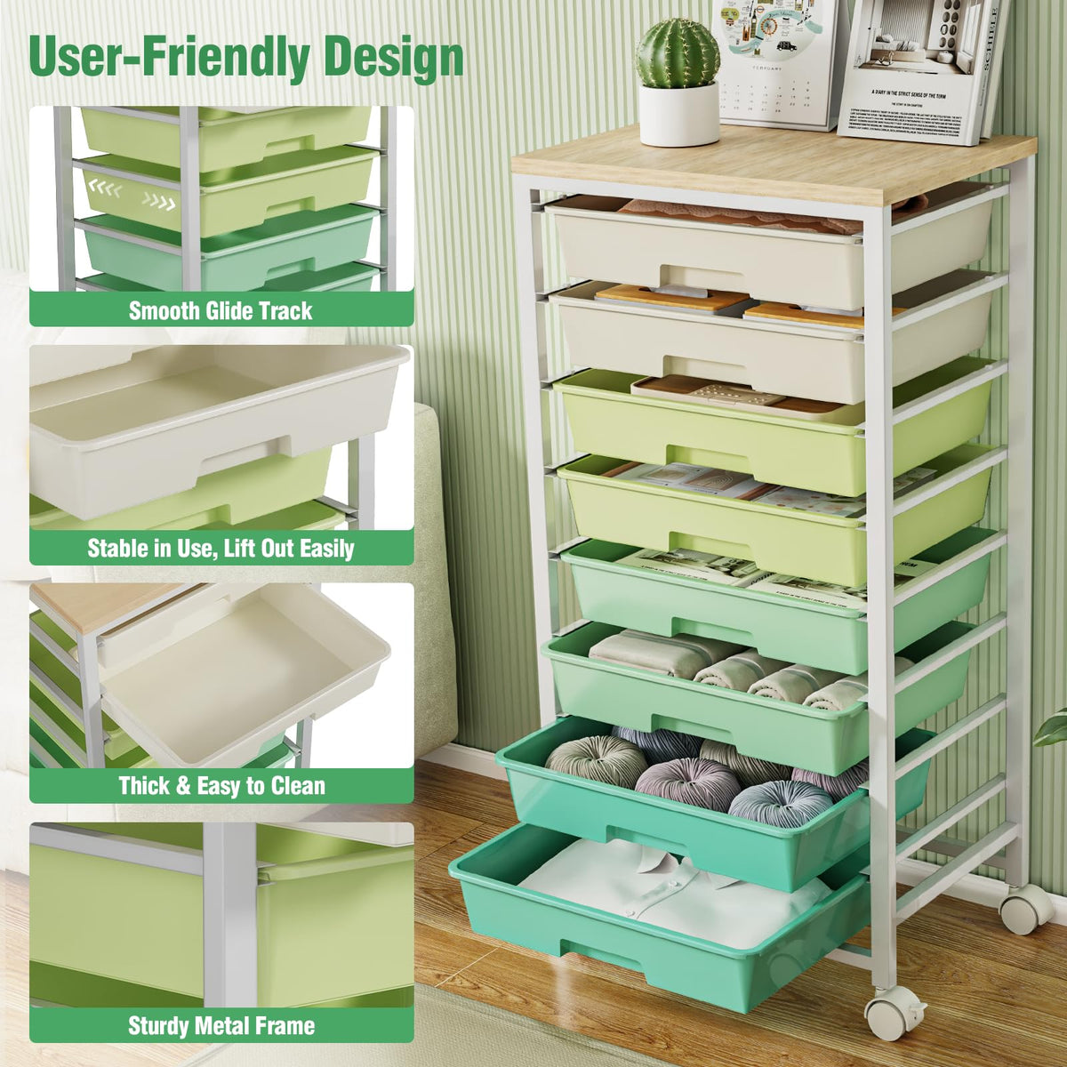 Rolling Storage Cart with 8 Drawers & Wooden Tabletop, Green, White Q4990