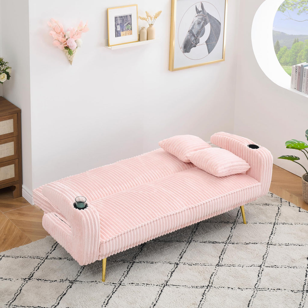74" Pink Corduroy Convertible Sofa Bed with Cup Holder W29280