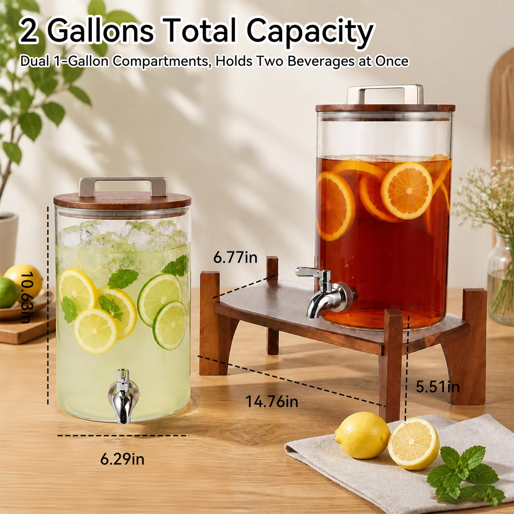 2 Pack 1 Gallon Glass Drink Dispensers with Acacia Wood Stand K797187