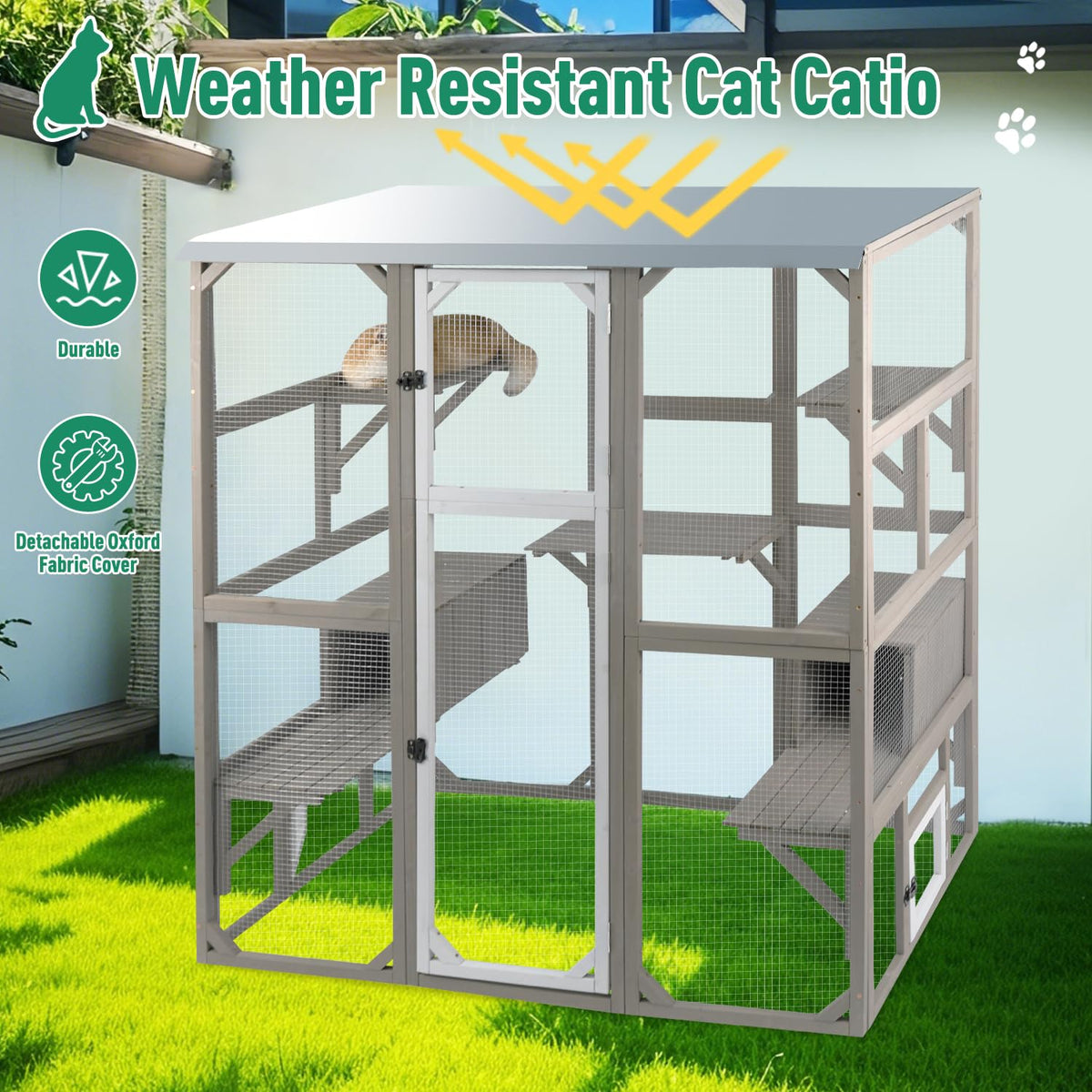 Large Wooden Outdoor Cat Catio Enclosure with 2 Doors, 2 Resting Rooms, 5 Platforms J8282