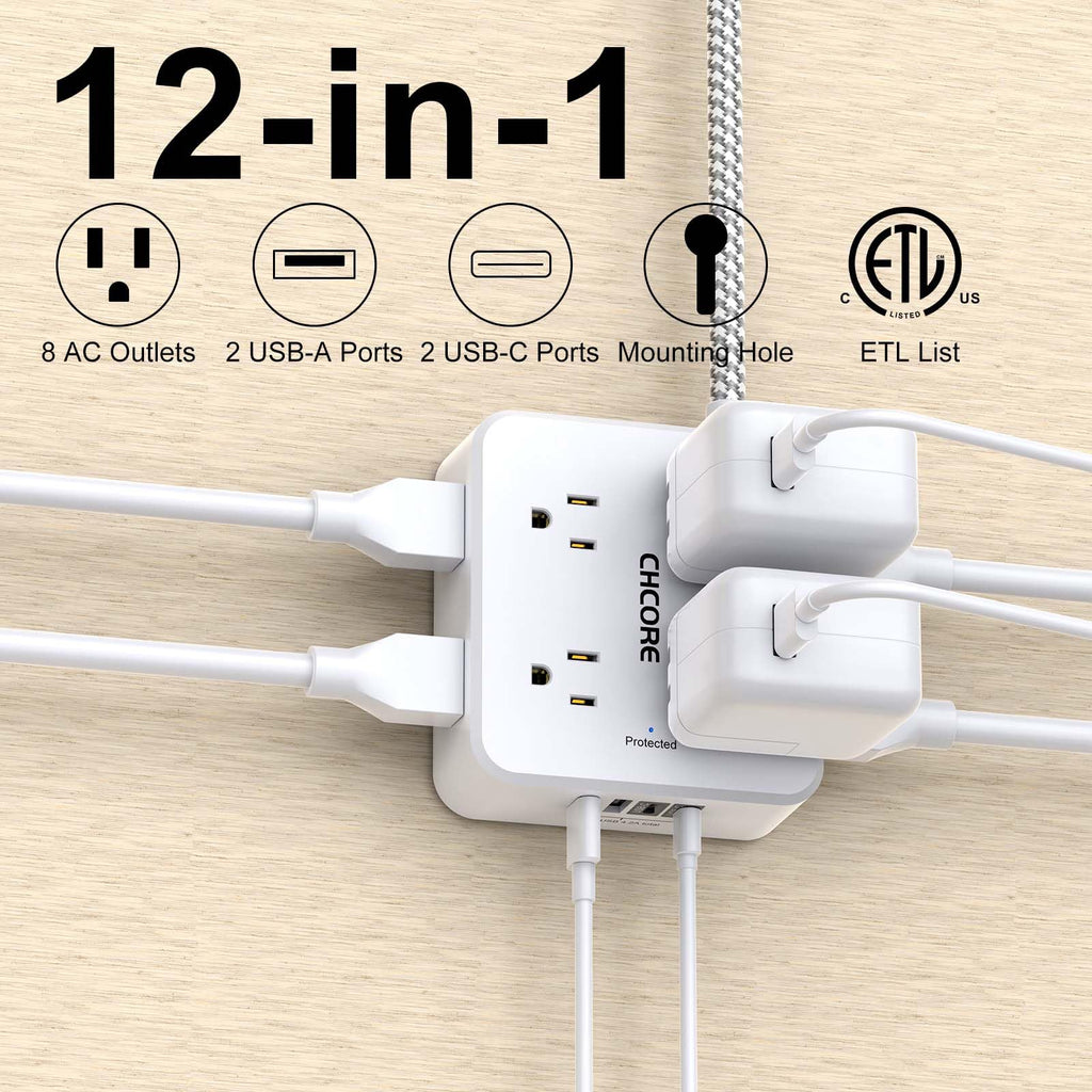 5Ft Braided Extension Cord Power Strip with 8 Outlets and 4 USB Ports, White T93851