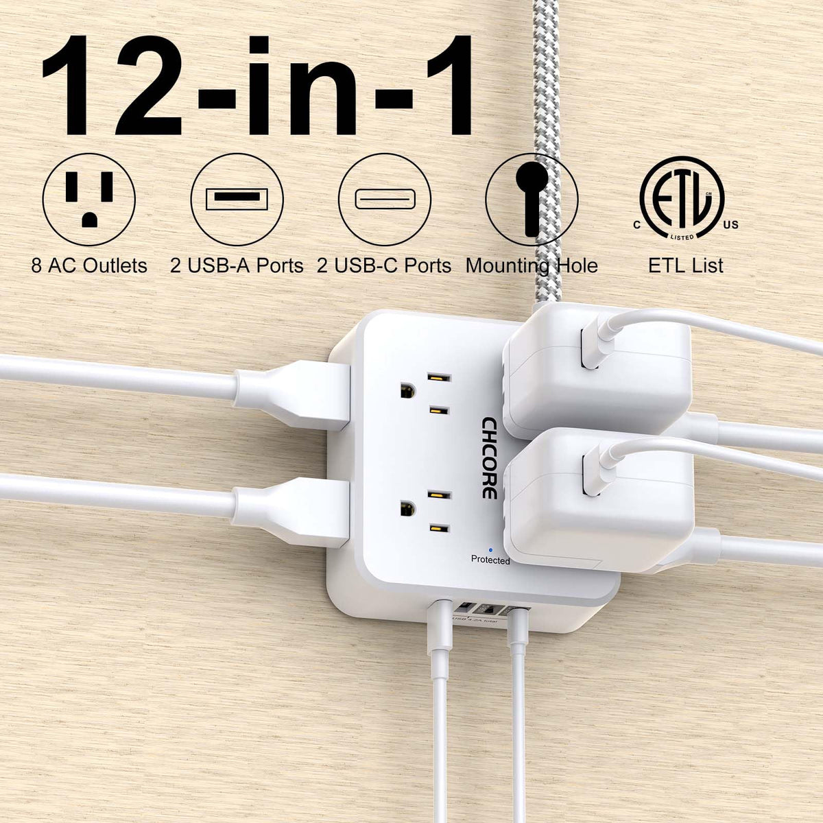 5Ft Braided Extension Cord Power Strip with 8 Outlets and 4 USB Ports, White T93851