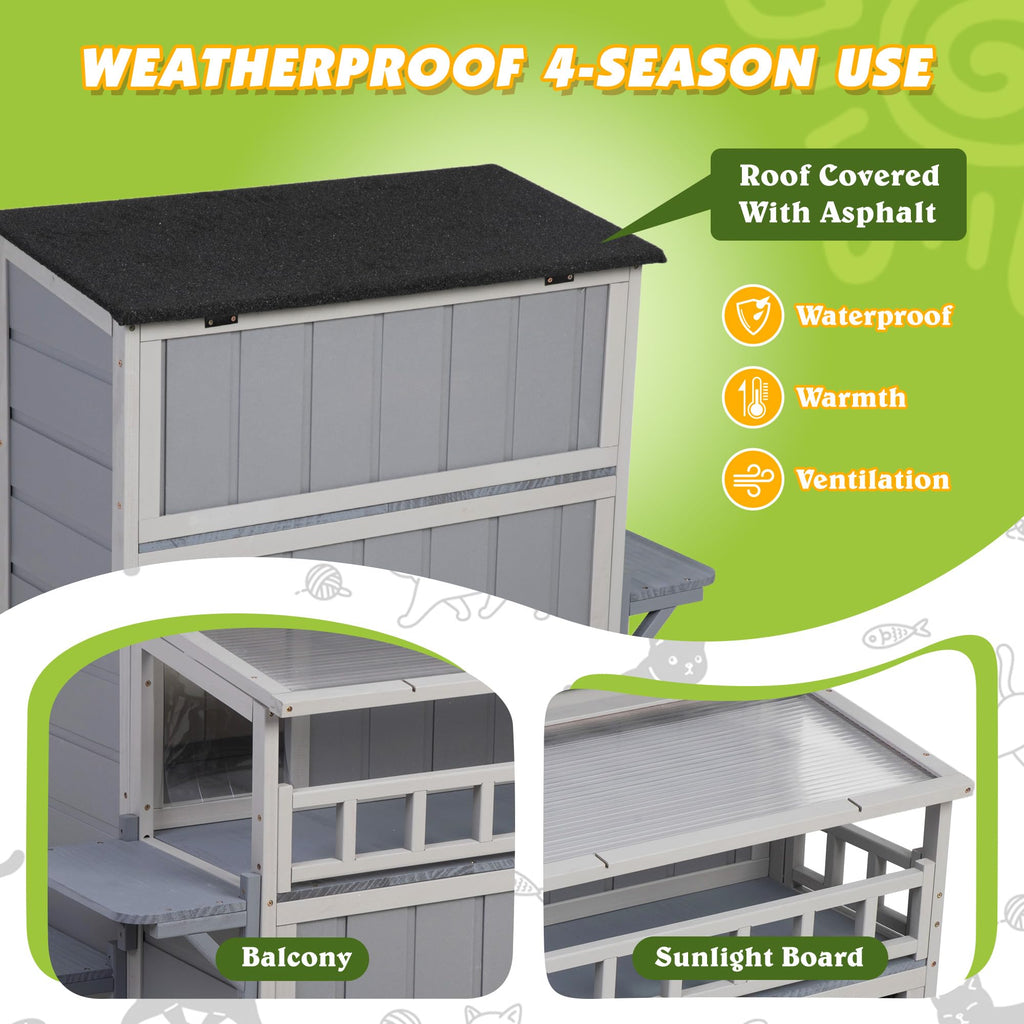 2-Tier Weatherproof Wooden Outdoor Cat House S975