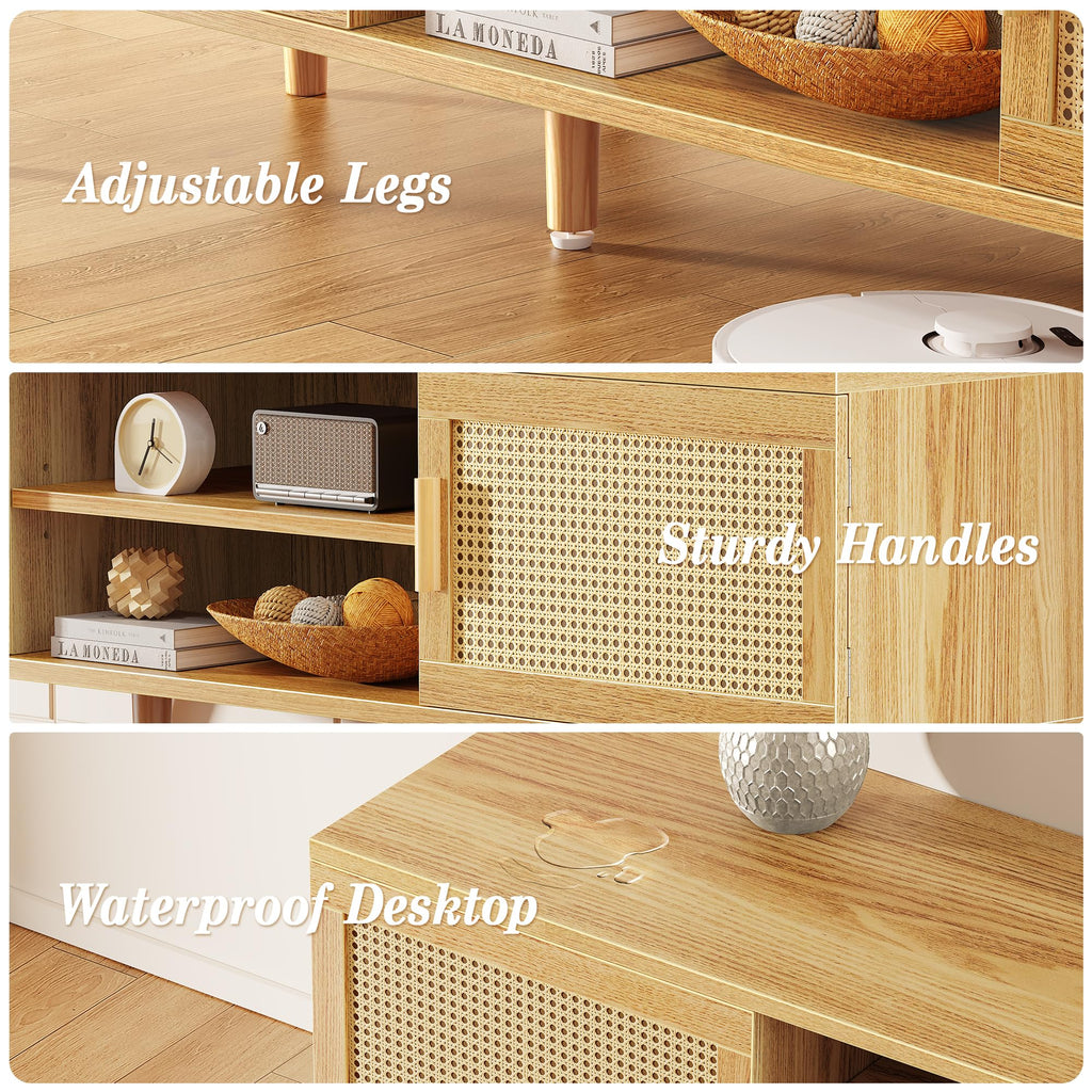 65 Inch Rattan TV Stand with Adjustable Shelf and 2 Cabinets P769