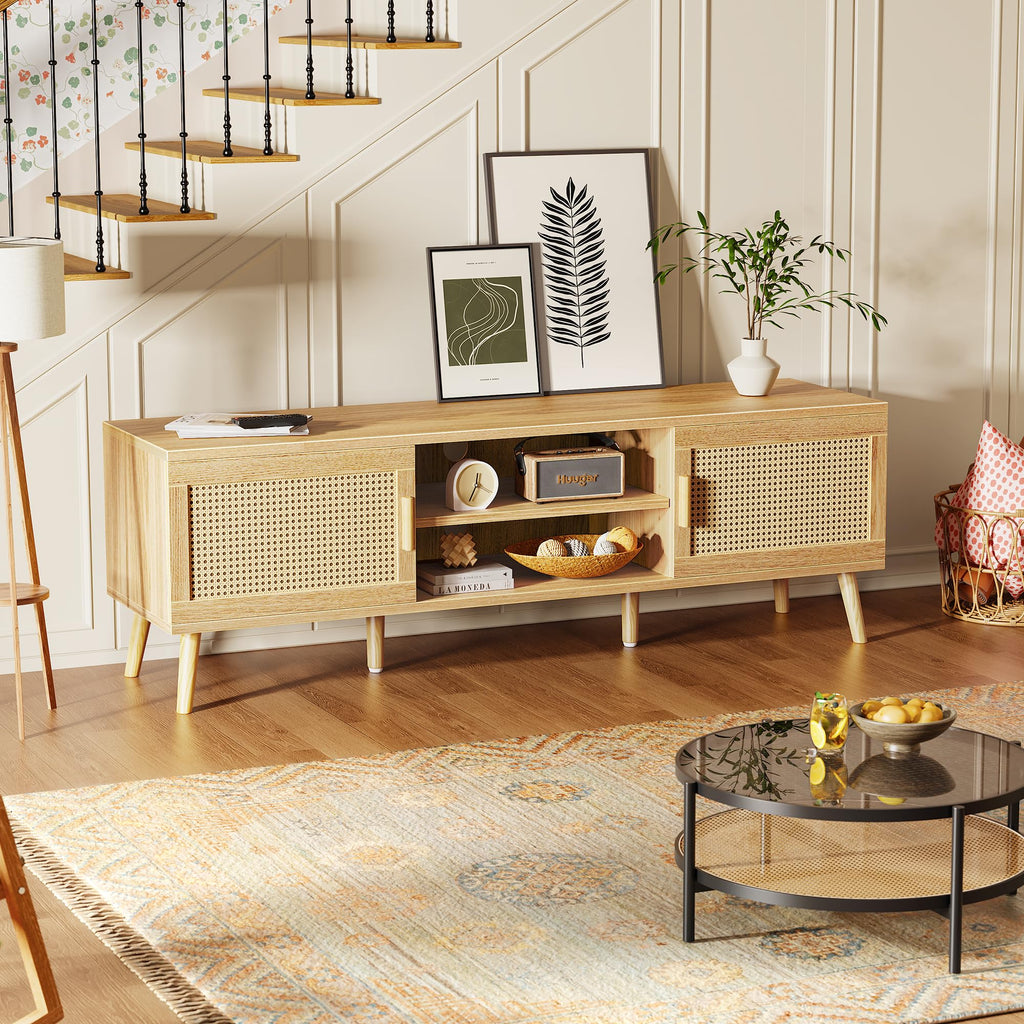 65 Inch Rattan TV Stand with Adjustable Shelf and 2 Cabinets P769