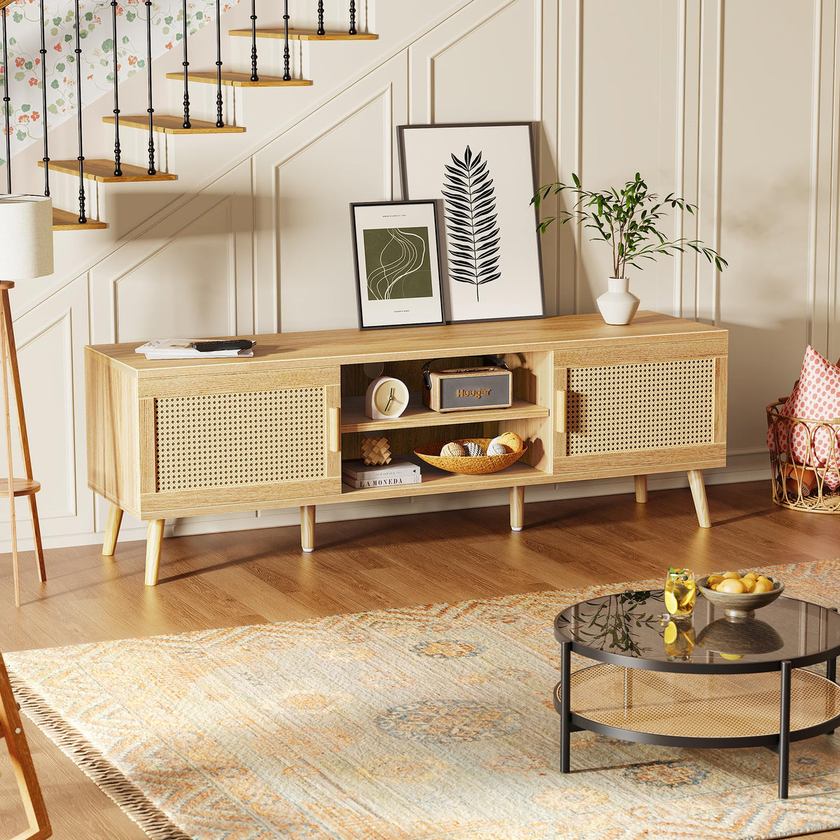 65 Inch Rattan TV Stand with Adjustable Shelf and 2 Cabinets P769